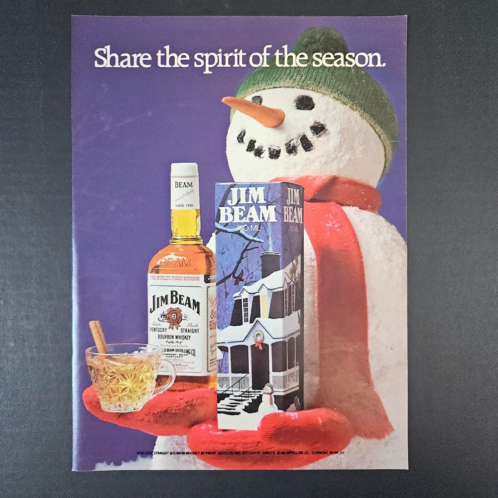 1983 Jim Beam Kentucky Straight Bourbon Whiskey Vintage Print Ad Snowman Holiday